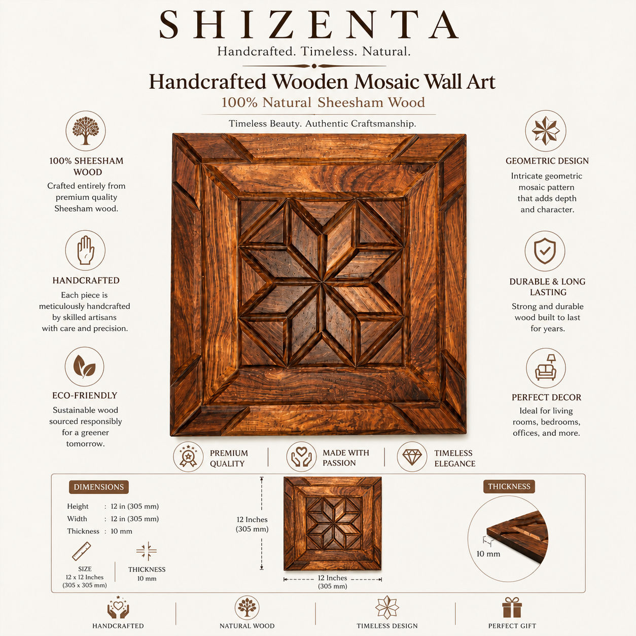 SHIZENTA CROWN – Set of 4 Premium Handcrafted Wooden Mosaic Wall Art Panels | Luxury Wall Decor 3