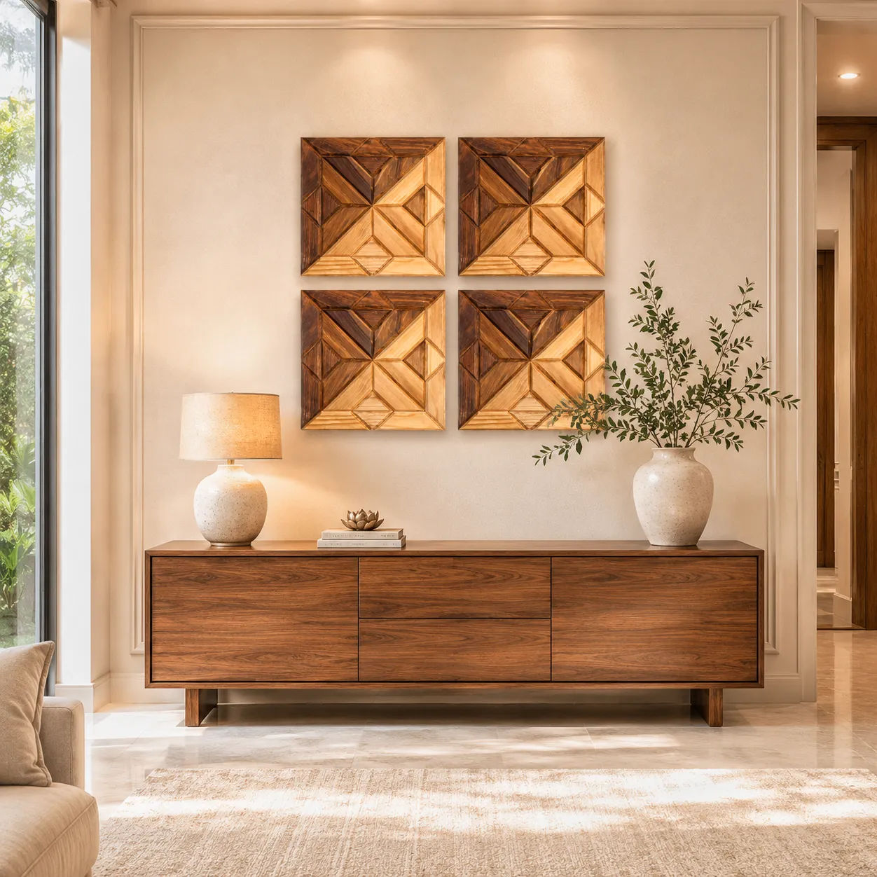 SHIZENTA BLOOM – Set of 4 Handcrafted Geometric Wooden Mosaic Wall Art Panels | Natural Wall Decor