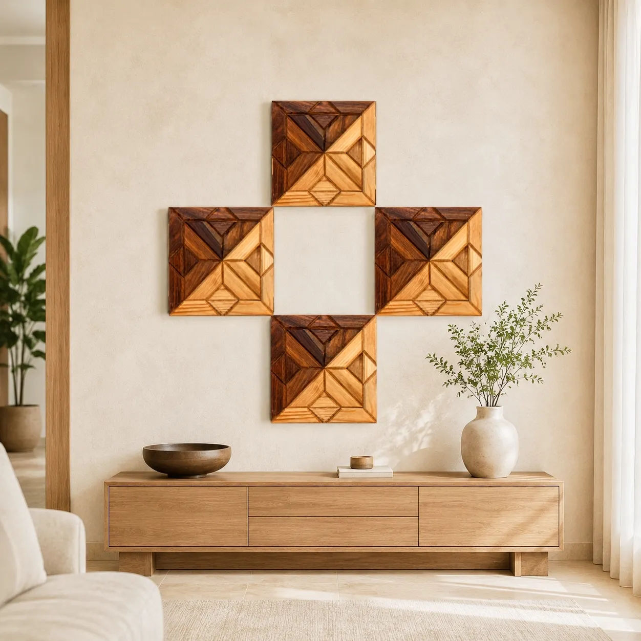 SHIZENTA BLOOM – Set of 4 Handcrafted Geometric Wooden Mosaic Wall Art Panels | Natural Wall Decor 2