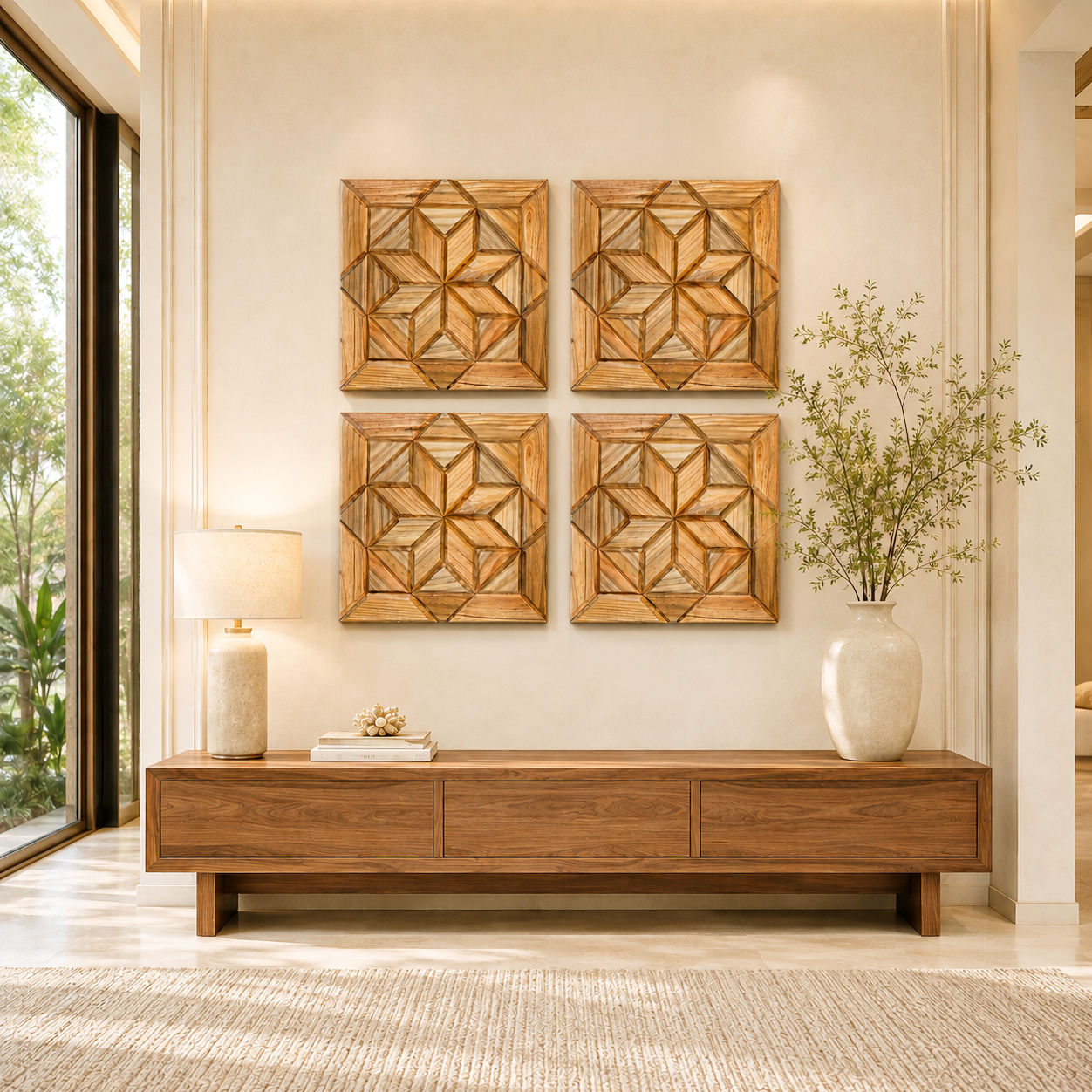 SHIZENTA Orbit – Handcrafted Sheesham & Pine Wood Geometric Mosaic Wall Décor Panel
