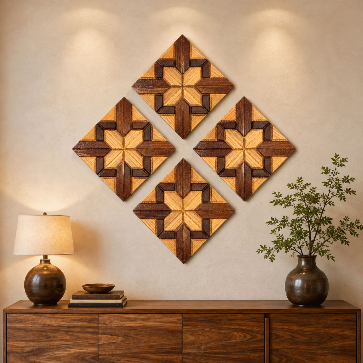 SHIZENTA Mosaic X – Premium Geometric Sheesham & Pine Wood Mosaic Wall Art Panel. Set of 4