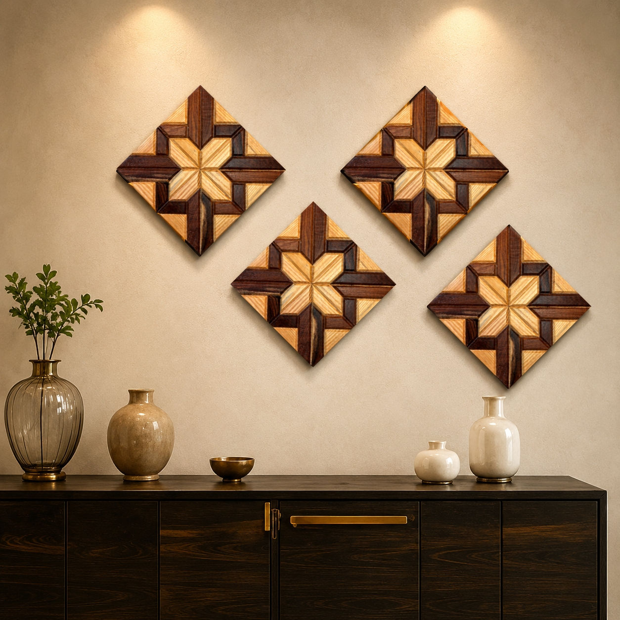 SHIZENTA Mosaic X – Premium Geometric Sheesham & Pine Wood Mosaic Wall Art Panel. Set of 4 2