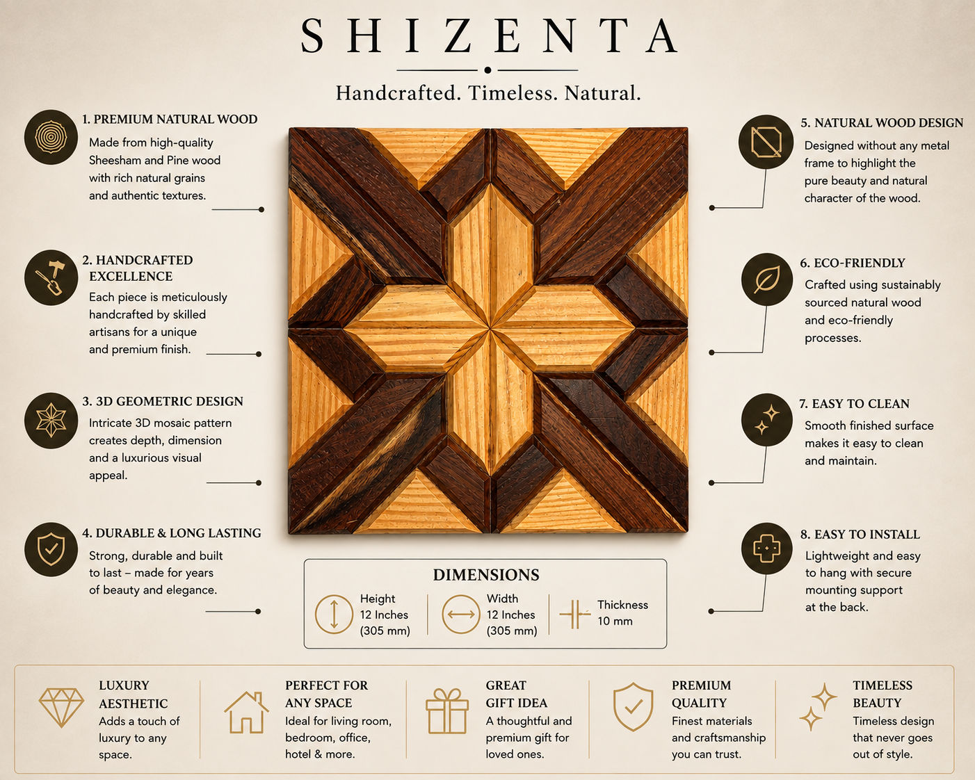 SHIZENTA Mosaic X – Premium Geometric Sheesham & Pine Wood Mosaic Wall Art Panel. Set of 4 4