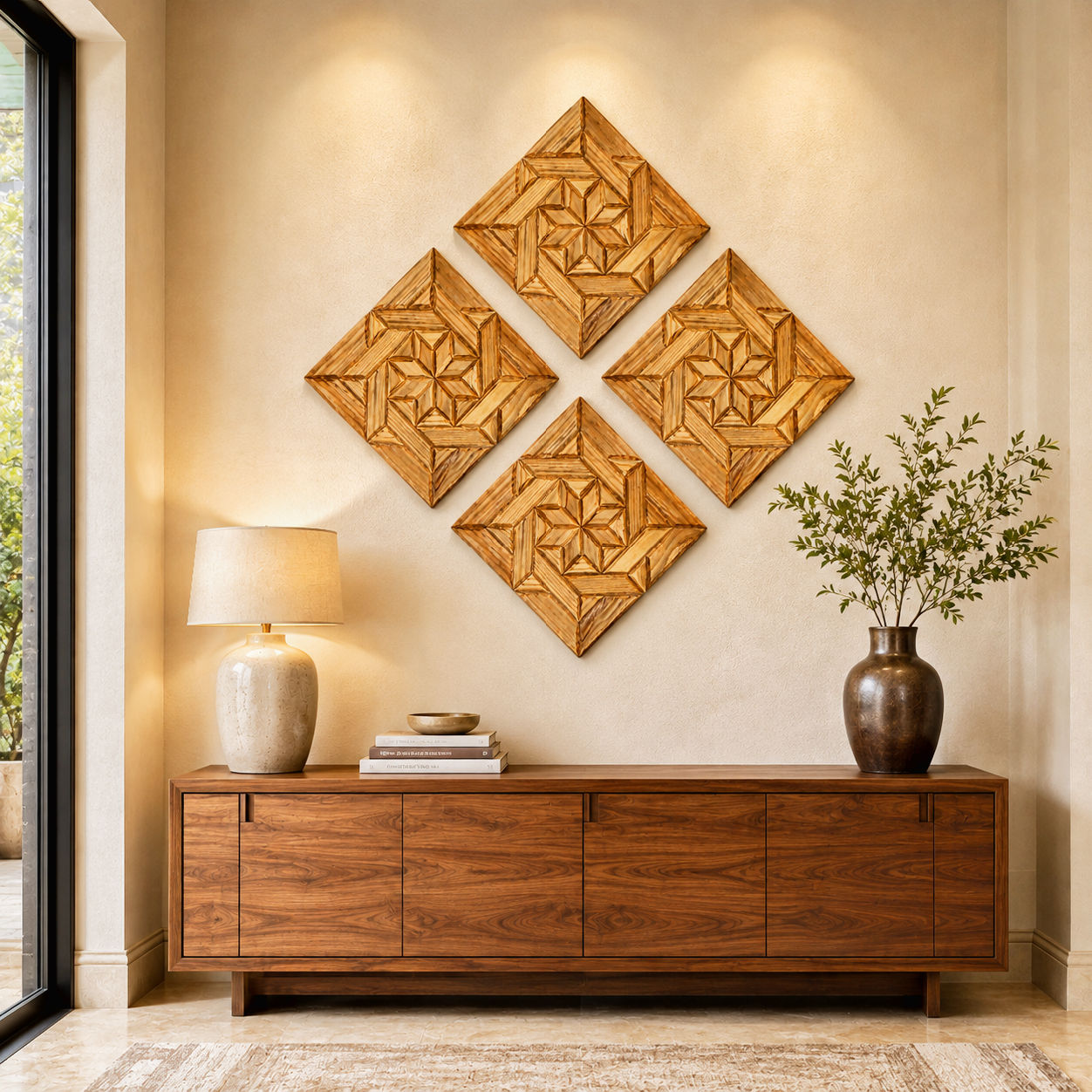 SHIZENTA Signature – Premium Handcrafted Sheesham & Pine Wood Luxury Mosaic Wall Art. Set of 4