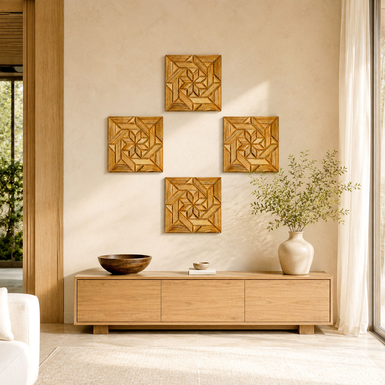 SHIZENTA Signature – Premium Handcrafted Sheesham & Pine Wood Luxury Mosaic Wall Art. Set of 4 2