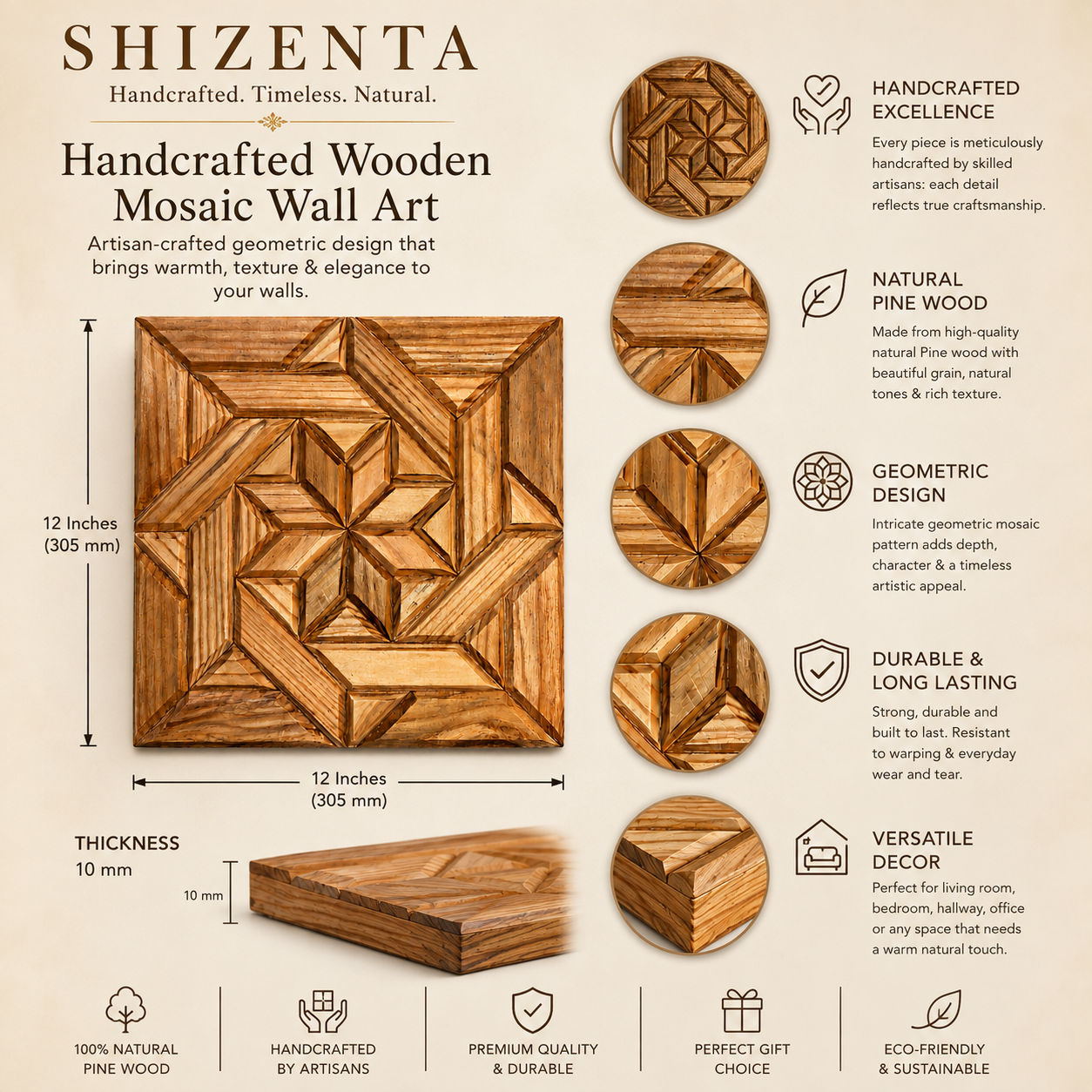 SHIZENTA Signature – Premium Handcrafted Sheesham & Pine Wood Luxury Mosaic Wall Art. Set of 4 4