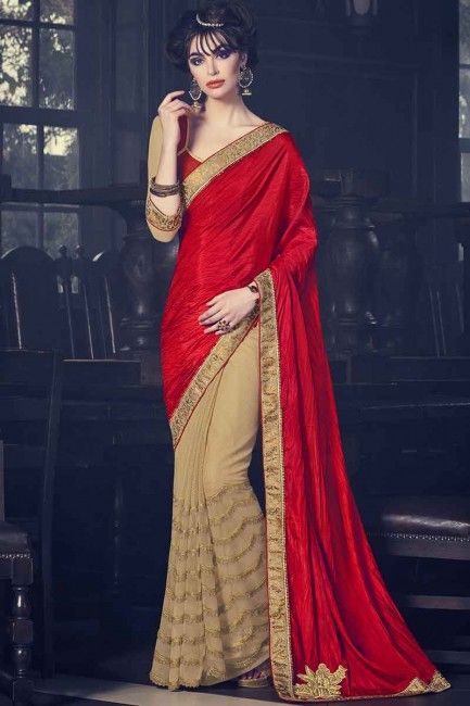 red and beige Fancy fabrics net and paper silk Saree