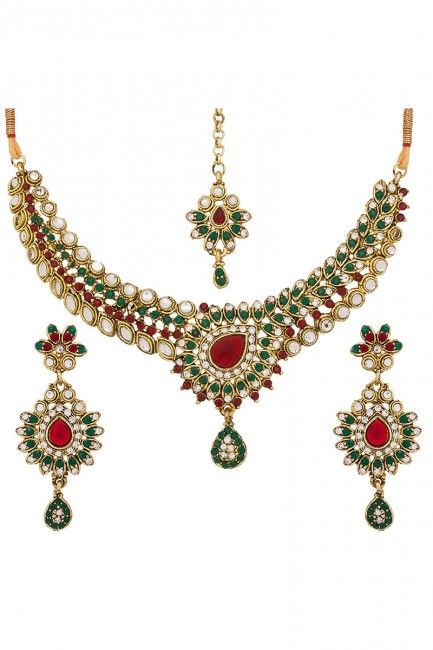 American Diamonds, Beads & Stones Red, White, Green & Golden Necklace Set