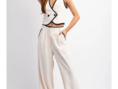 Double-Breasted Woven Vest Contrast Edge - Small / Cream/Black