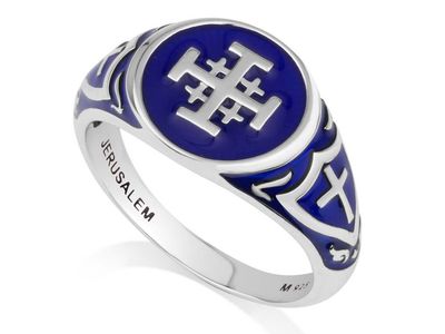 Jerusalem Engraved Blue Enamel Ring Silver Sterling . Holy Land Christian Jewelry