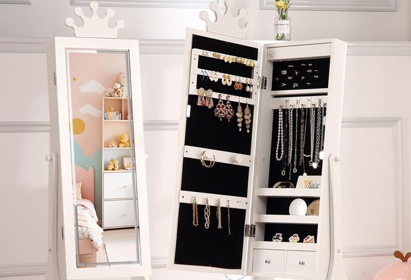 Kids Jewelry Armoire Cabinet with Full-Length Mirror, 46″…