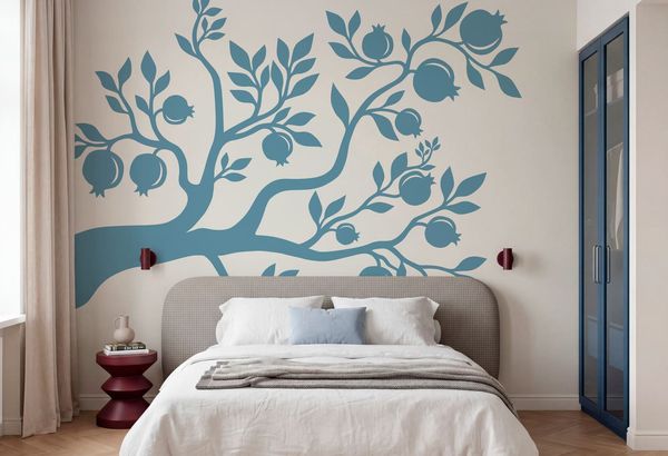 Papel de parede Árvore azul com folhas e frutos