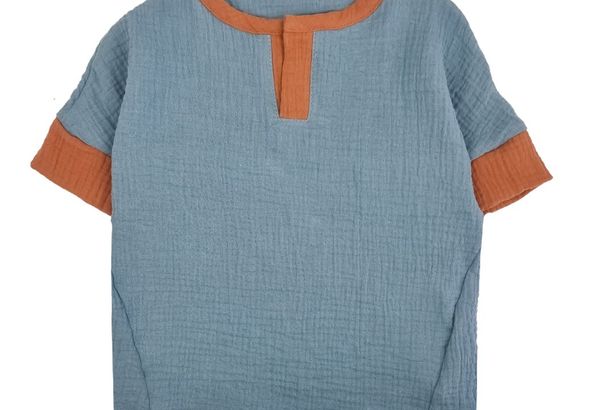 Niebiesko karmelowy muślinowy t-shirt dziecięcy RETRO