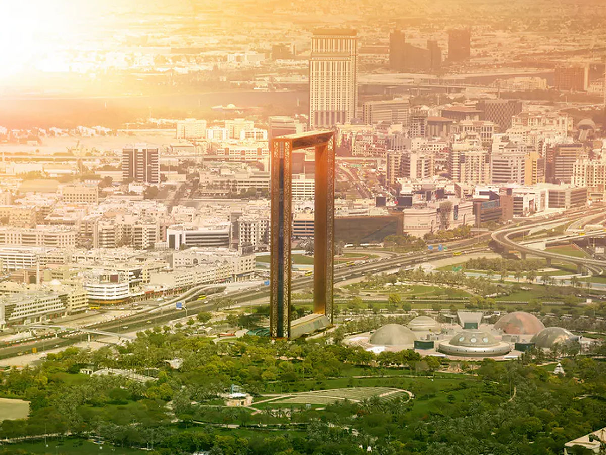 The aerial view of Dubai frame