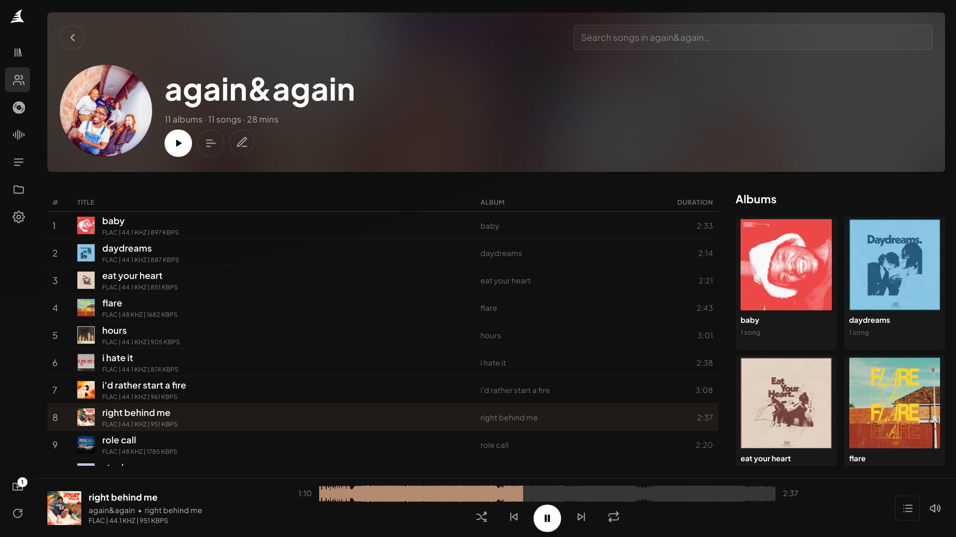 Artist page with songs and albums from the local library