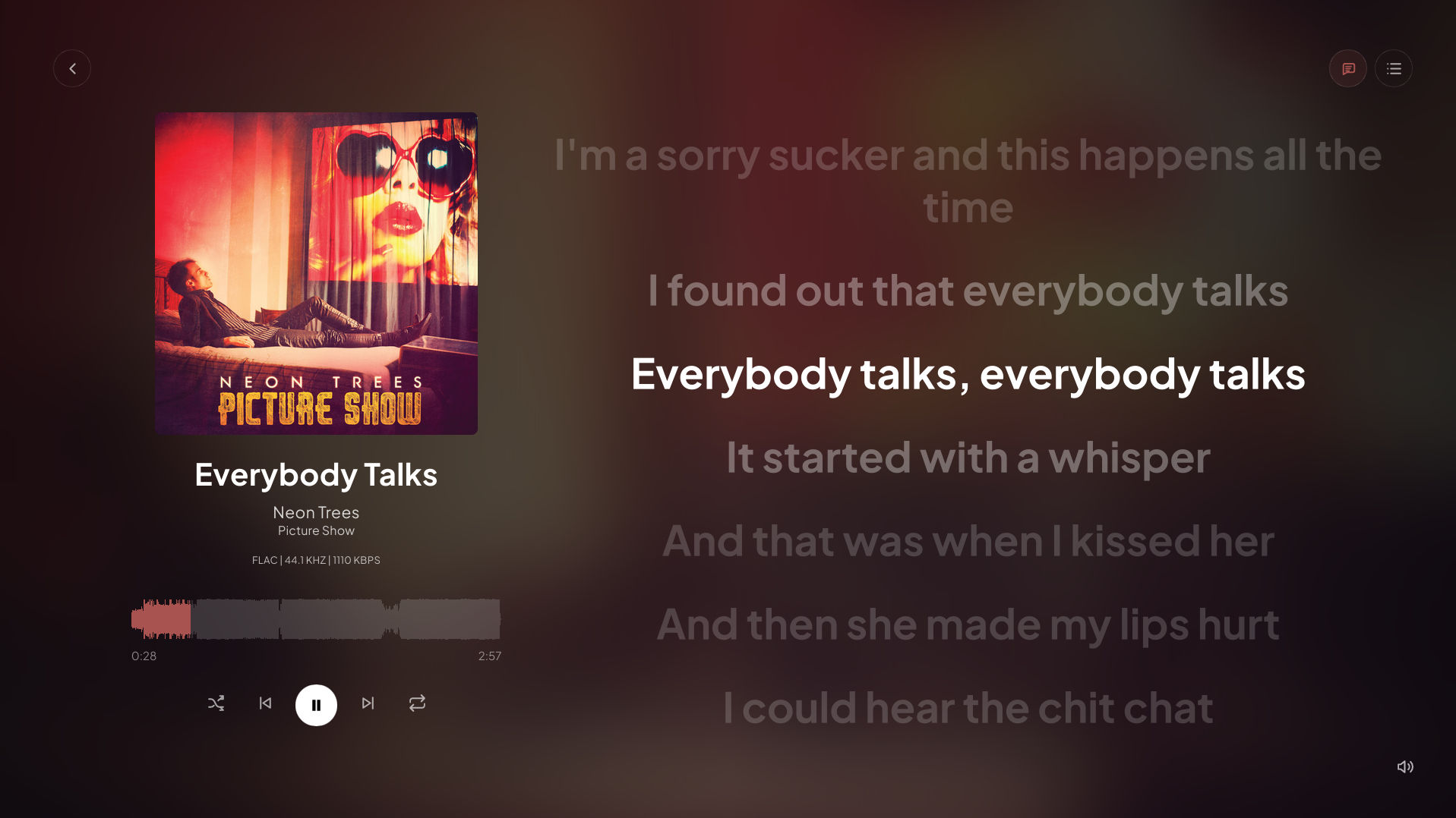 Full player with album artwork and synced lyrics