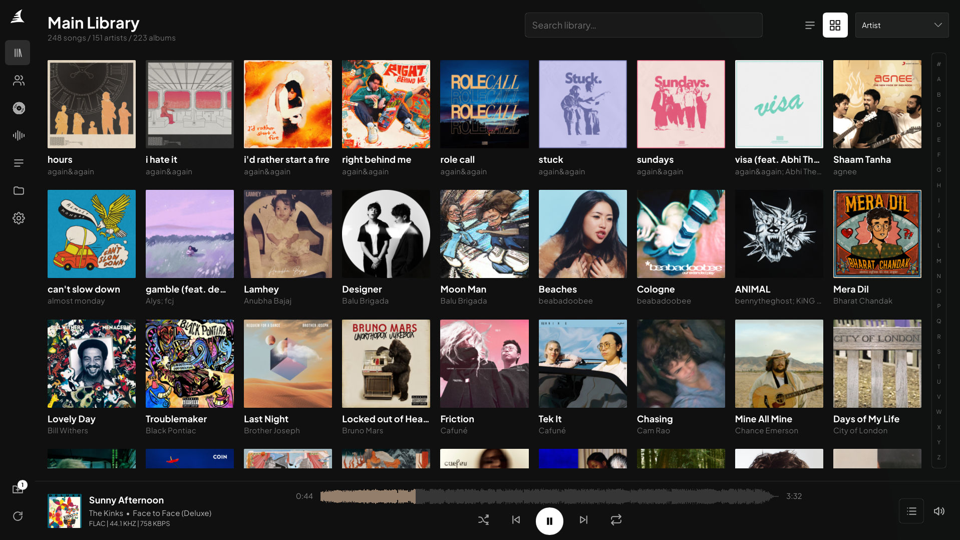 Orca's main library showing album artwork, search and playback controls