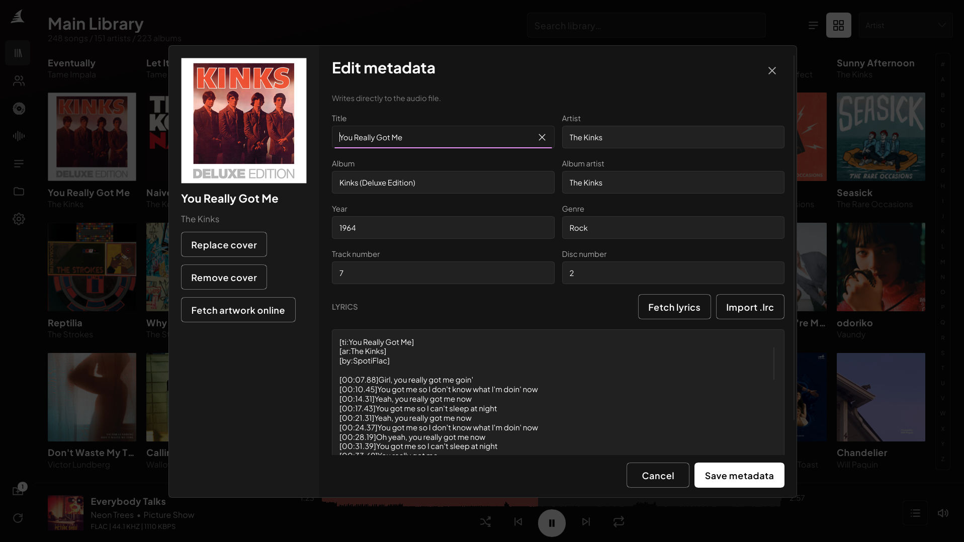 Song metadata editor with cover and lyrics controls