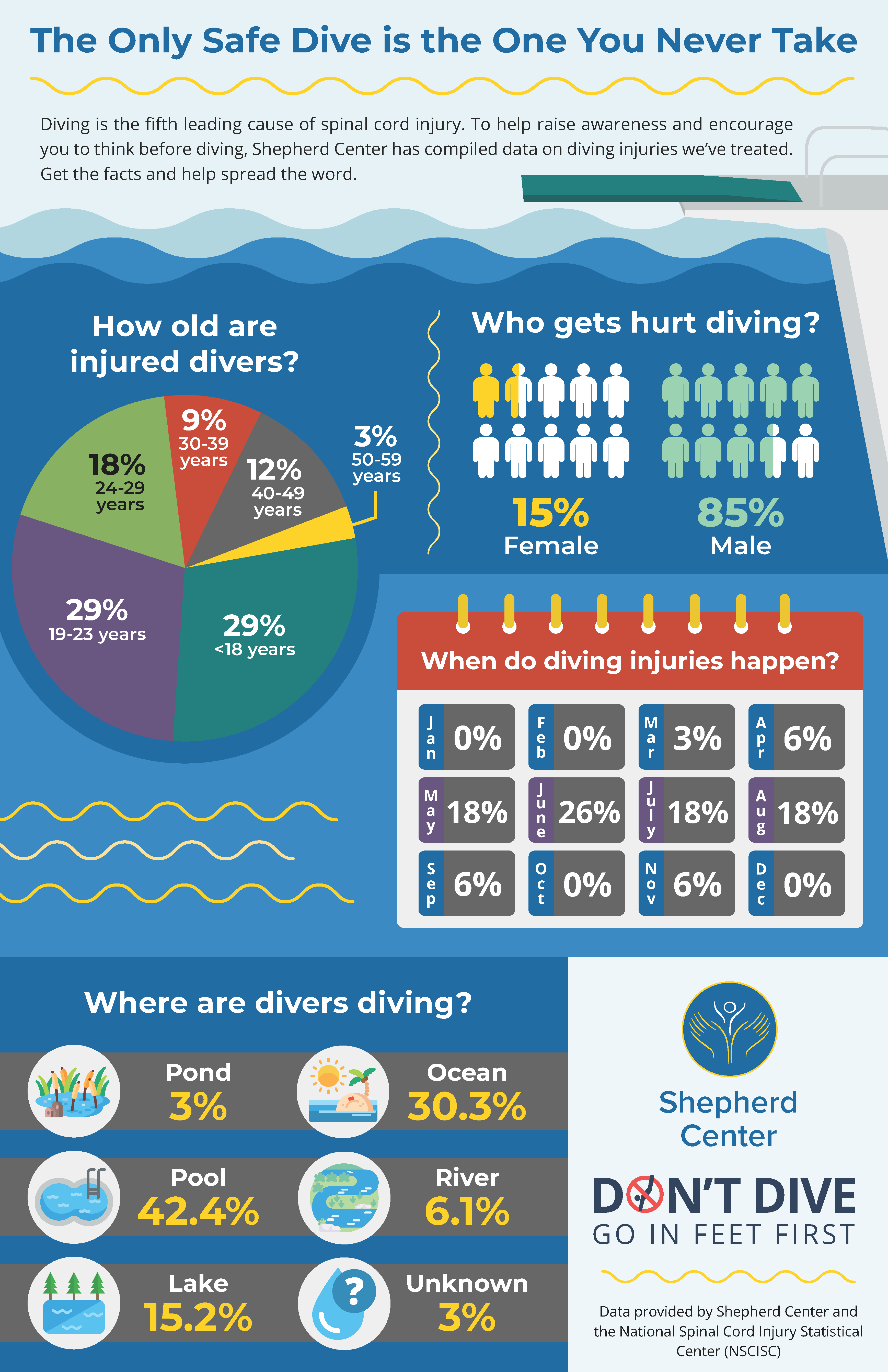 Shepherd Center infographic explaining spinal cord injury and diving connection.