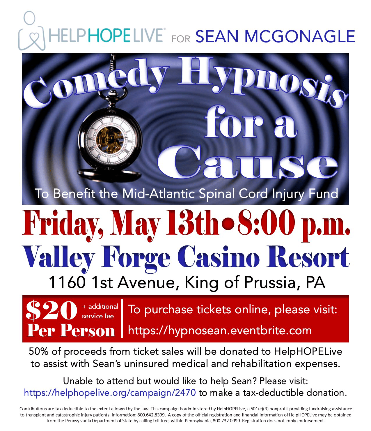 Sean McGonagle fundraising HelpHOPELive comedy hypnosis