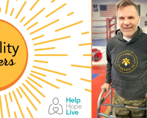 Spinal cord injury survivor Frank Guirlinger is pictured using a walker upright. He has light skin and gray hair. The woman next to him wears athletic gear and has light skin and blonde hair. To the left of the photo, a sunburst graphic reads Mobility Matters with a Help Hope Live logo in the corner.