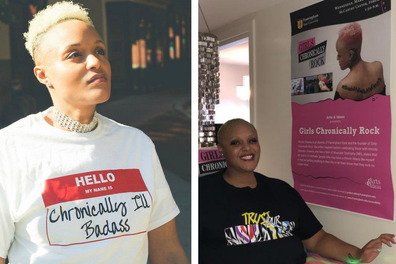 Two photos of Keisha Greaves. In the first, she is lit dramatically by outdoor light on her face with light brown skin, dark brown eyes, short curly blonde hair, and shining jewelry at her ears and neck. She wears a white shirt from her Girls Chronically Rock collection with an enlarged HELLO MY NAME IS nametag printed on it that reads Chronically Ill Badass in black script. In the second photo, Keisha has dramatic dark eye makeup and red lipstick and wears a Trust Your Abilities shirt as she stands next to a pink poster advertising her Girls Chronically Rock collection.