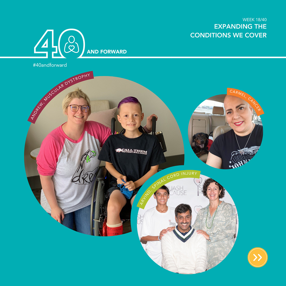 Andrew, 13, Muscular Dystrophy. Andrew is seated in his wheelchair on the right. He has light-colored skin, a cast on his right leg, and is wearing a dark-colored shirt and shorts. The woman to his left who has light colored hair, is wearing glasses, and a shirt that says