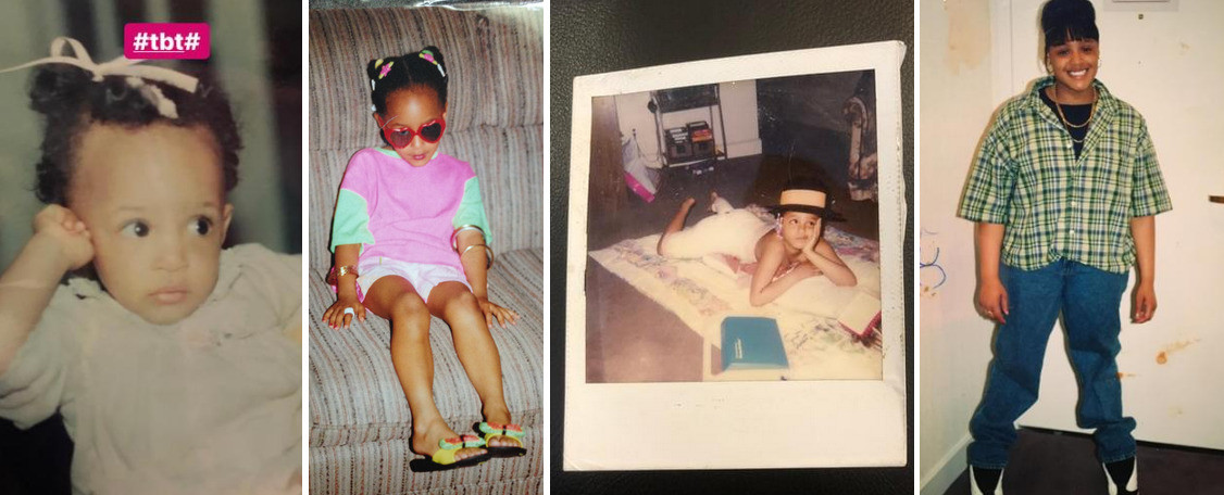 A collage of four photos shows Keisha Greaves as a younger. She is a toddler in the first image with short curly brown hair and light brown skin, a child in the second picture with barettes and a colorful pink and green shirt and colorful sandals, a child in the third picture which is a polaroid in which she is lying on her belly with her left hand under her chin and a black stylish hat as she gazes off to the left, and a young woman in the final picture with black styled hair in a bun and bangs with a plaid shirt, gold chain jewelry, blue jeans, and stylish black and white sneakers.