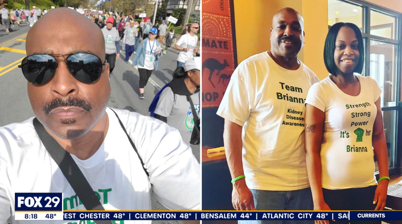 Brianna's father Brian is pictured supporting Gift of Life as an ambassador in a selfie on a group walk event and in a photo next to his daughter wearing matching t-shirts about the cause.