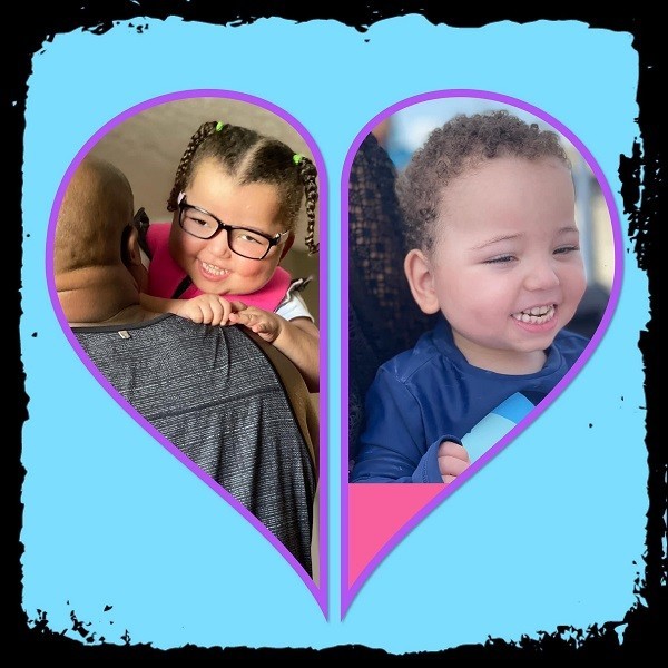 Photos of 4-year-old twins Elijah and Zariah make up two halves of a heart. Both of the boys have light brown skin and curly brown hair and are grinning.