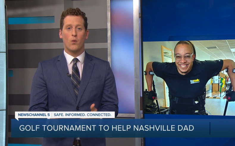 A screenshot of a Newschannel 5 broadcast features a reporter showing a video of Eric Murray using a ReWalk exoskeleton to stand. Eric is smiling wide. A ticker reads Golf Tournament to Help Nashville Dad
