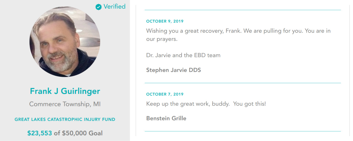 A screenshot of Frank's Help Hope Live Campaign Page and Guestbook. The Campaign Page features a circular photo of Frank, who has light skin, gray hair, and a short gray beard. The page reads Verified: Frank J Guirlinger. Commerce Township, MI. Great Lakes Catastrophic Injury Fund. $23,553 of $50,000 goal. The Guestbook features two messages from October 9 and October 7, 2019. The first message reads