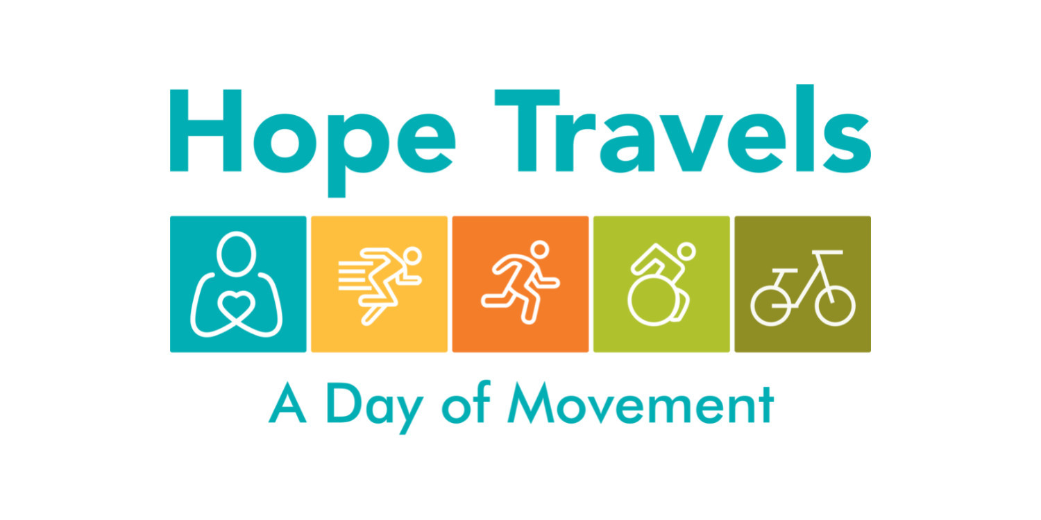 A logo for Hope Travels: A Day of Movement with tiles displaying different activities like rolling, running, and biking along with the Help Hope Live pledge figure logo.