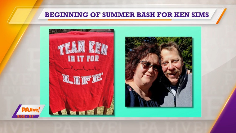 PA Live news coverage shows a photo of Ken Sims and his wife. Ken has light skin and red-brown hair, and his wife has light in, sunglasses, and curly shoulder-length hair. Another photo shows a Team Ken Is It for Life red fundraising t-shirt.
