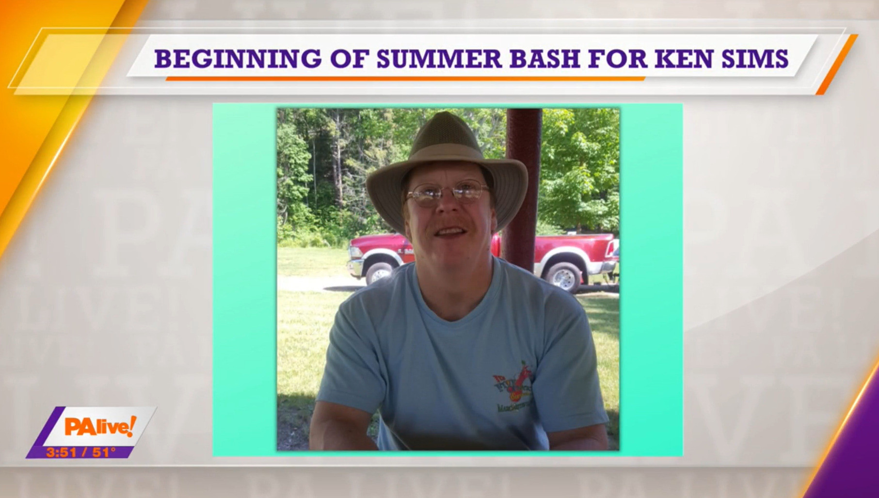 News coverage from PA Live shows a photo of heart transplant candidate Ken Sims, who has light skin, glasses, a blue t-shirt, and a brimmed hat. The ticker reads Beginning of Summer Bash for Ken Sims.