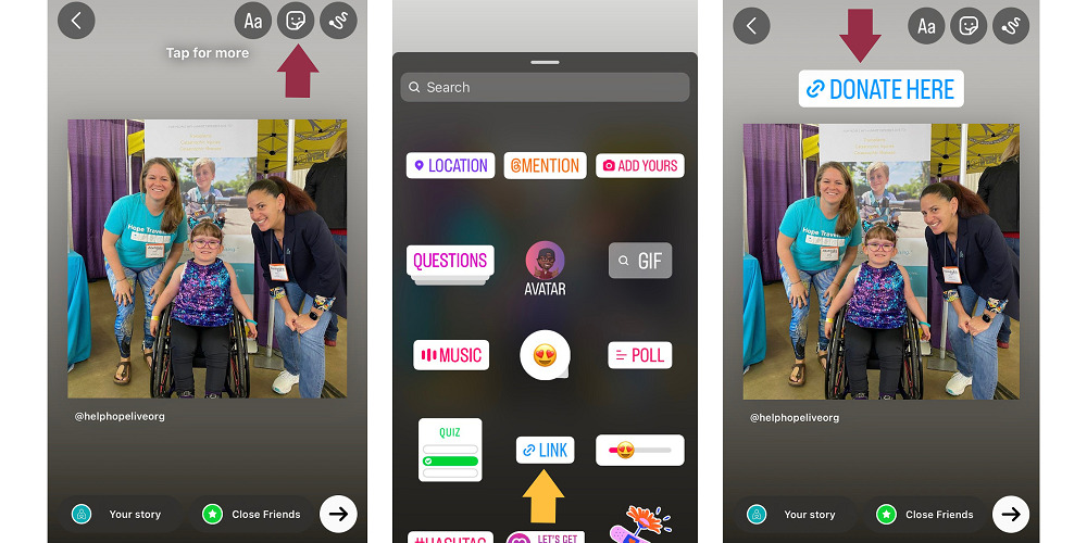 Three screenshots from a mobile device depict how to add a link to an Instagram Story.