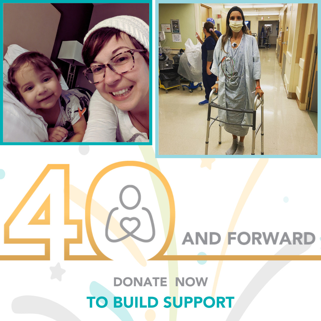 A graphic reads 40 and Forward: Donate Now to Build Support with two pictures of Help Hope Live clients. The first is a toddler with curly brown hair smiling next to his mother, who has light skin, short red-brown hair, glasses, and a white beanie. The second client is a woman with light brown skin wearing a yellow face mask in a hospital gown and hospital socks walking down a hospital hallway with a walker. 
