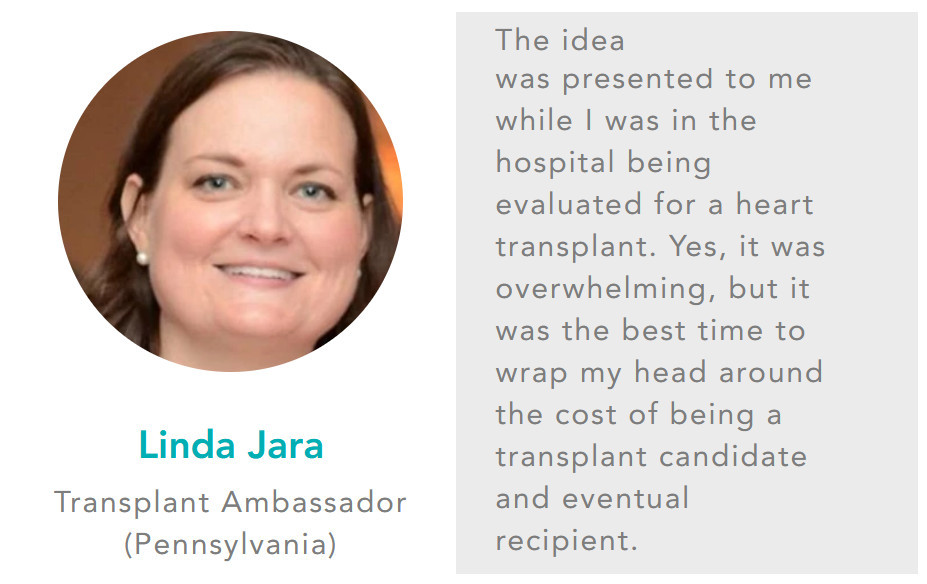 A graphic shows Linda Jara in a circular frame - Linda has light skin, blue-gray eyes, pearl earrings, and brown hair. The graphic reads Linda Jara, Transplant Ambassador (Pennsylvania) with a quote: