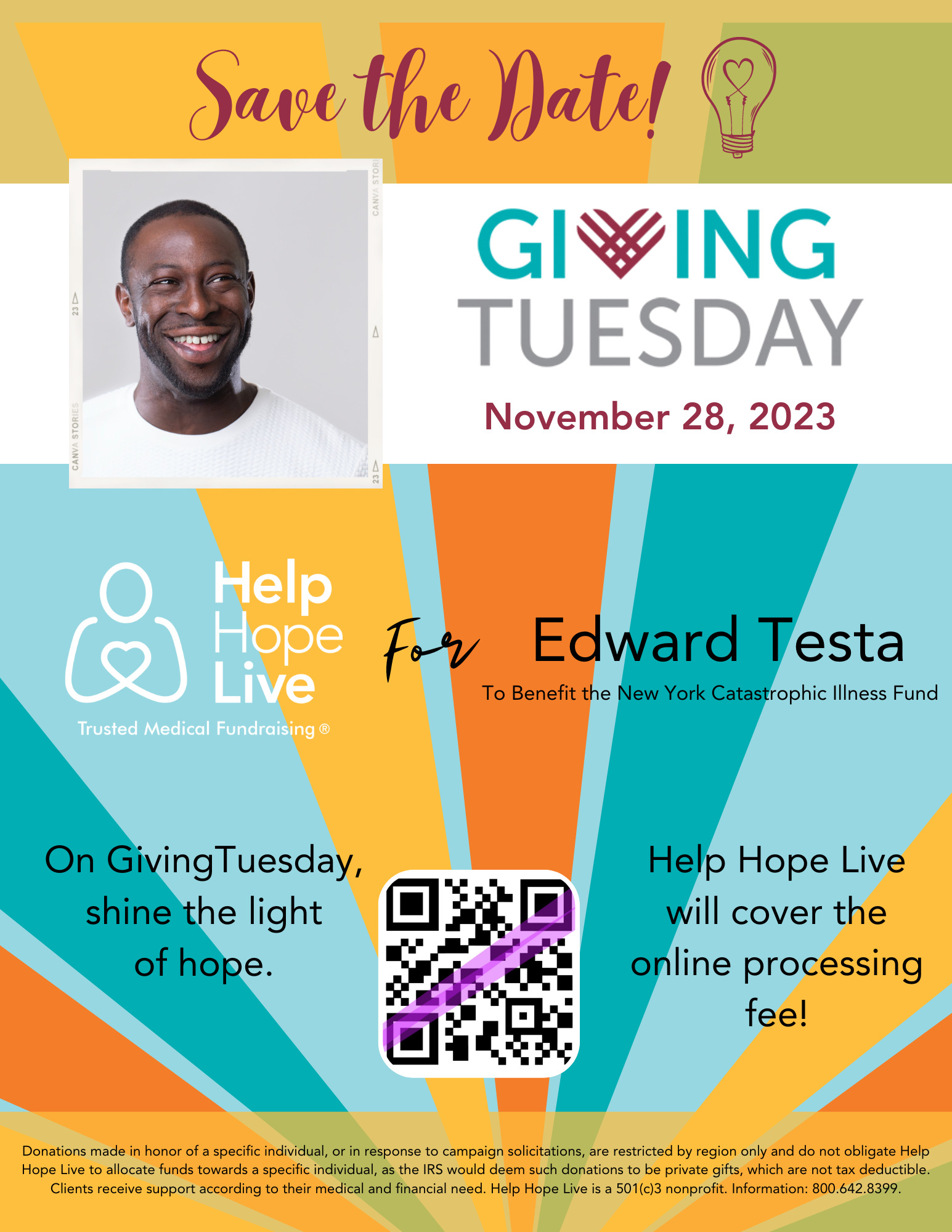 A GivingTuesday sample client flyer from Help Hope Live features a gold, light blue, teal, and orange sunburst design, the GivingTuesday logo, November 28 2023, and a sample client photo in a square frame. The flyer includes a QR code, the Help Hope Live logo, the client's name, a disclosure about donations processed through Help Hope Live, and the text