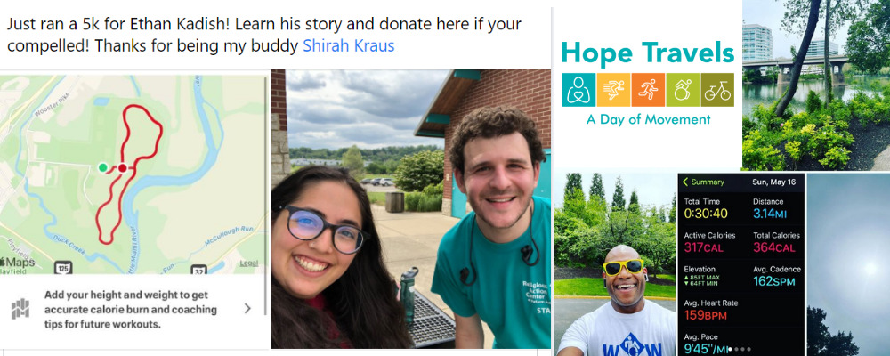 A collage of Hope Travels participation images from social media, including a 5K walking route and several selfies outdoors along with natural scenery and the Hope Travels logo.