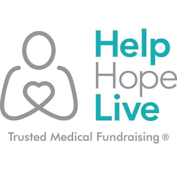 Help Hope Live's official logo and tagline features a gray figure forming a heart with its hands and the words Help Hope Live in teal and gray. Below that is Trusted Medical Fundraising with a registered trademark.