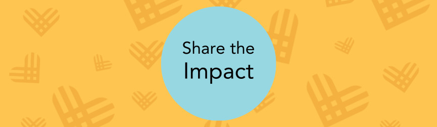 A graphic with GivingTuesday logo hearts in dark gold on a gold background reads Share the Impact.