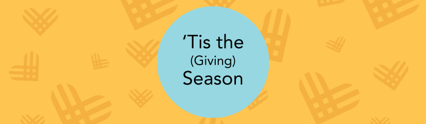 A graphic with GivingTuesday logo hearts in dark gold on a gold background reads Tis the (Giving) Season.