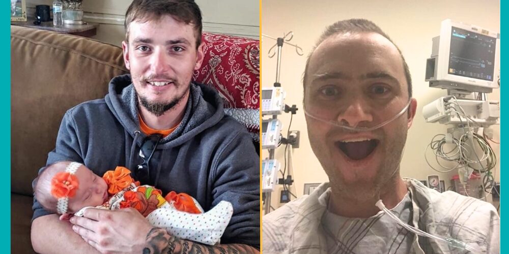 Dylan Mortimer alongside a photo of his organ donor, Spencer. Dylan has light skin, short shaved brown hair, light eyes, and an oxygen tube as he wears a hospital gown in a hospital setting and grins broadly - but his eyes and eyebrows show an overwhelming emotional burden in addition to his joy. The photo of Spencer shows a smiling young man with light skin, short brown hair, and a brown goatee holding an infant dressed in vivid fall clothing.