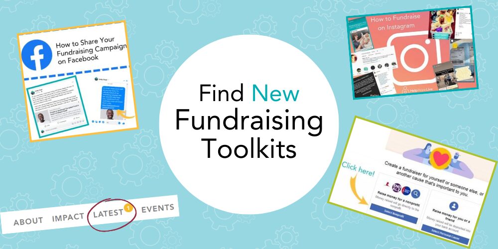 A graphic reads Find New Fundraising Toolkits with four screenshots of toolkit preview images for Facebook fundraising and Instagram fundraising. There is also a screenshot of helphopelive.org's top navigation bar with LATEST circled.