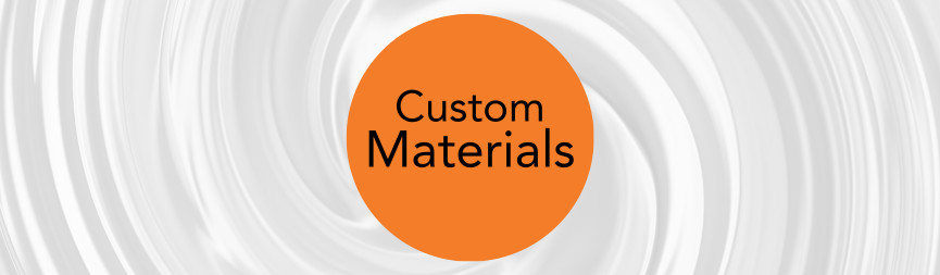 With a swirled gray background resembling wind, a round orange bubble reads Custom Materials.