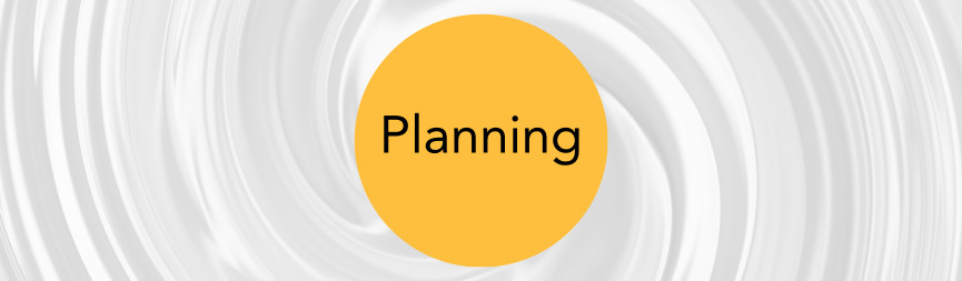 With a swirled gray background resembling wind, a round orange bubble reads Planning.