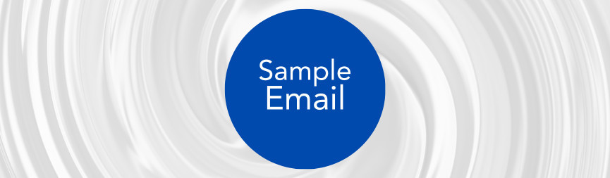 With a swirled gray background resembling wind, a round blue bubble reads Sample Email.