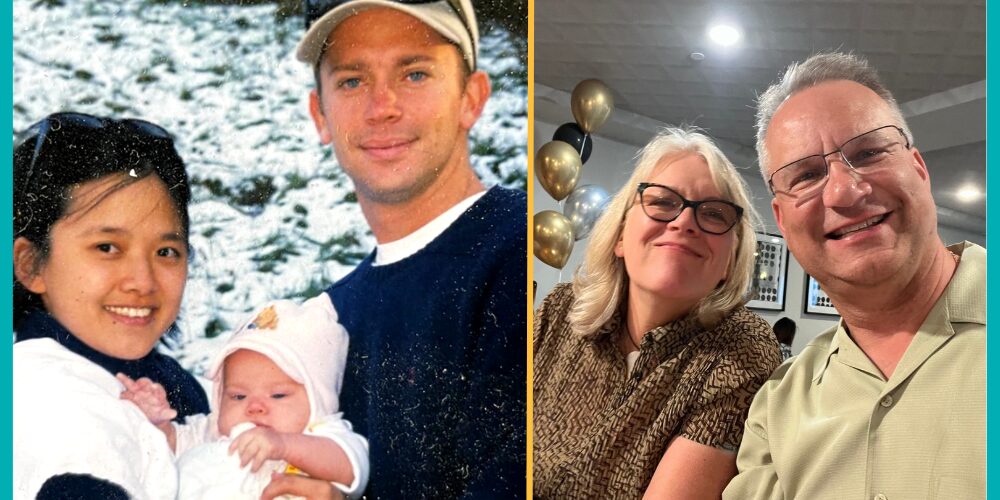 Two images show Bill Soloway's heart donor with his wife and child and Bill today with his partner Kathy. His donor has light skin and blue eyes and holds a baby in his arms. Bill has light skin, gray hair, and glasses. Kathy has light skin, shoulder length blonde-gray hair, and black-rimmed glasses.