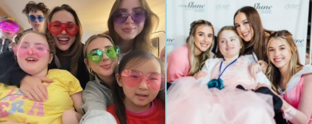 Two photos of Reese enjoying time with family and friends. In the first photo, Reese takes a selfie with four teen girls and two teen boys, all wearing silly glasses - Reese wears pink transparent heart-shaped glasses. In the second, at a formal event with a step-and-repeat behind them, Reese is seated in her black mobility device with a big smile as she wears a fancy light pink dress and white jacket. Three teen girls surround her, all with light skin and dark eyes in formal attire. One girl appears to be dressed in an Aurora Disney princess dress.